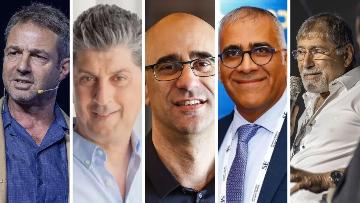 משתתפי פאנל ״על קו המים״. מימין: דוד כהן, מנכ״ל בפועל, נמל חיפה, ניסן לוי, מנכ״ל נמל אשדוד, צביקה שכטרמן, מנכ״ל נמל מספנות ישראל, פנחס צרויה (פינו), מנכ״ל חברת נמלי ישראל, ויואב צוקרמן, משנה למנכ״ל, נמל המפרץ SIPG