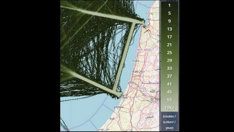מפת צפיפות תנועת אניות מכולה במימי ישראל