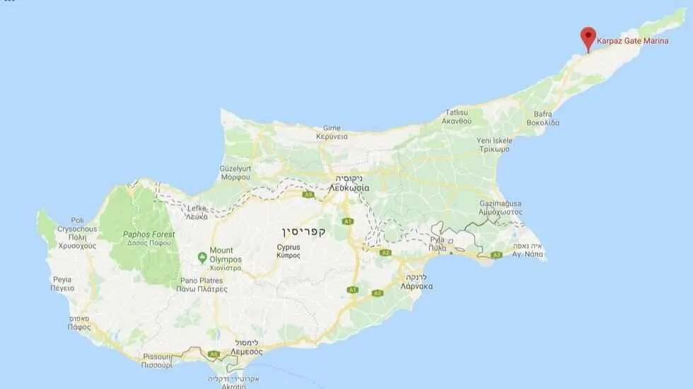 מפה ובה מיקום המרינה בצפון קפריסין. בין הטובות בעולם 