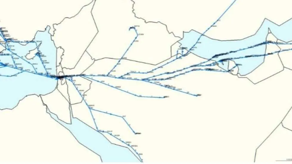 חיבורים פוטנציאליים בין שדות תעופה באירופה לשדות במזרח התיכון, המפרץ הפרסי והמזרח הרחוק 