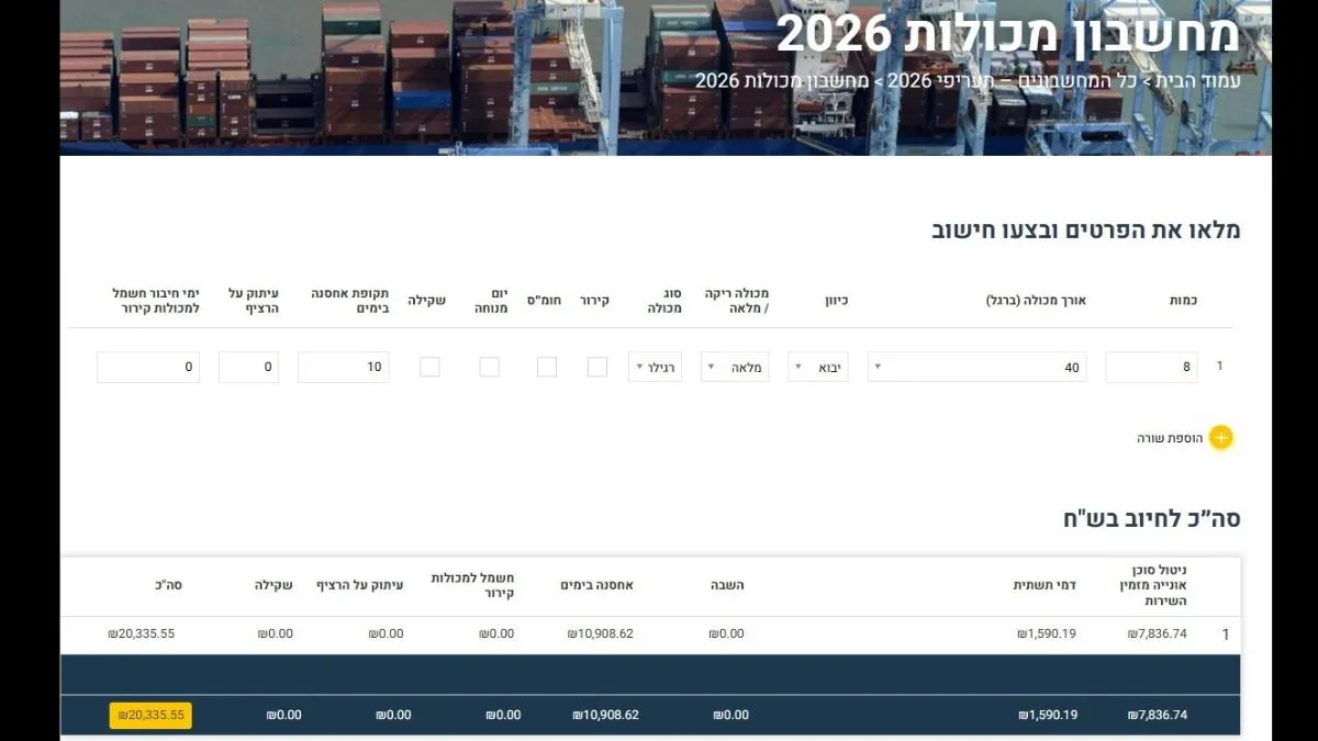 נמל חיפה: תעריפי הנמלים לשנת 2026 מעודכנים במחשבוני הנמל
