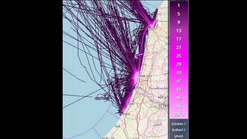 מפת צפיפות תנועת ספינות קיט במימי ישראל 