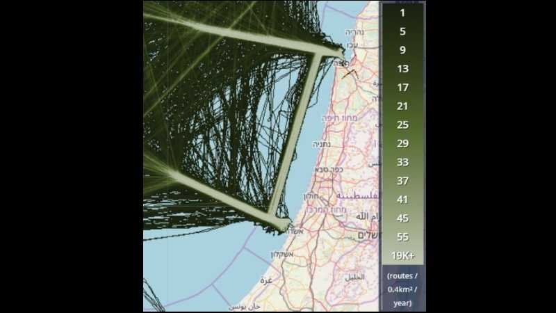 מפת צפיפות תנועת אניות מכולה במימי ישראל